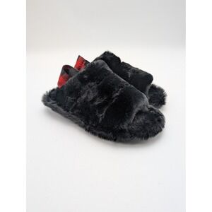 Romika Shoes Womens Size 6.5 Black Faux Fur Slide Slippers Buffalo Plaid Cozy